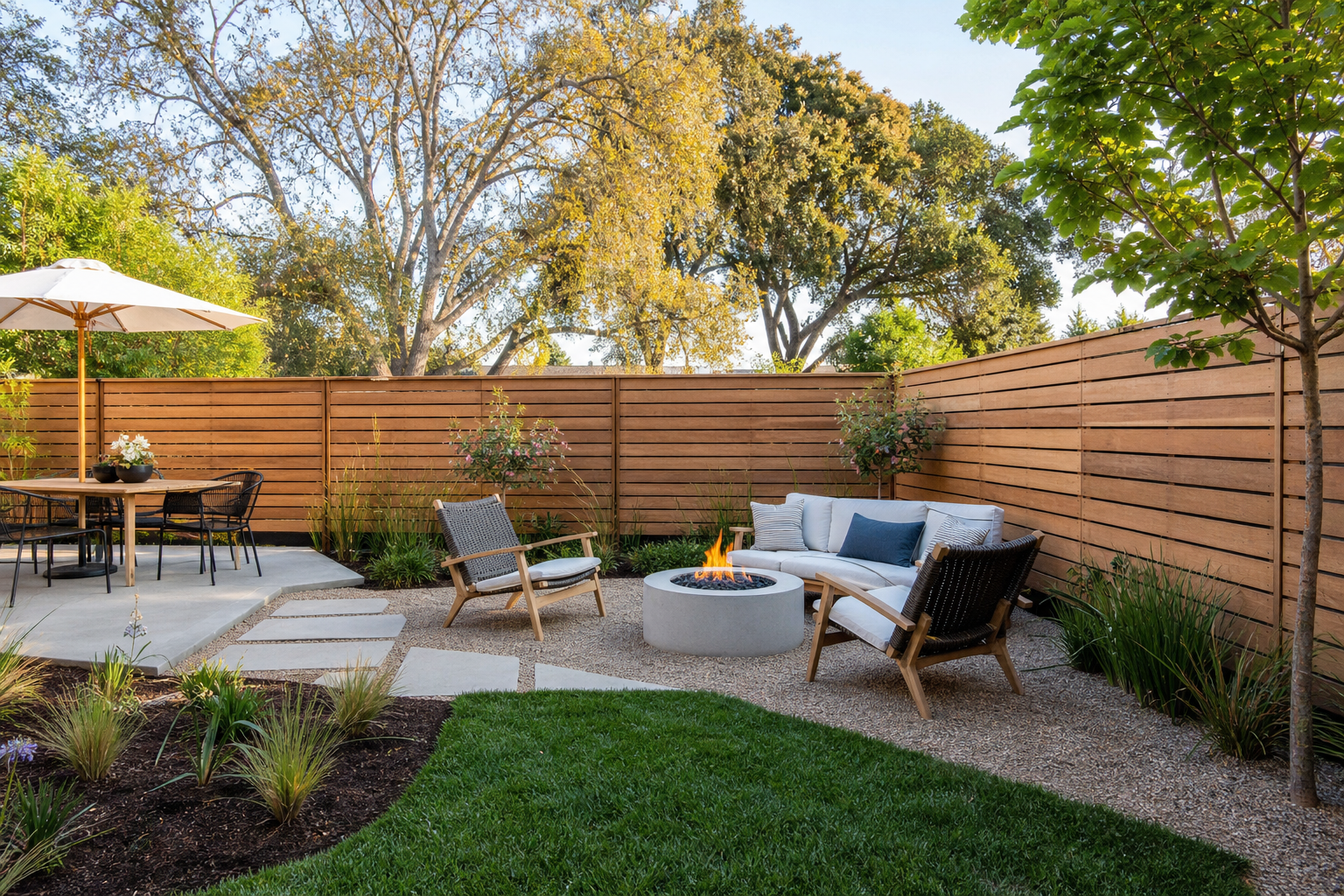 Cedar horizontal slat backyard fence